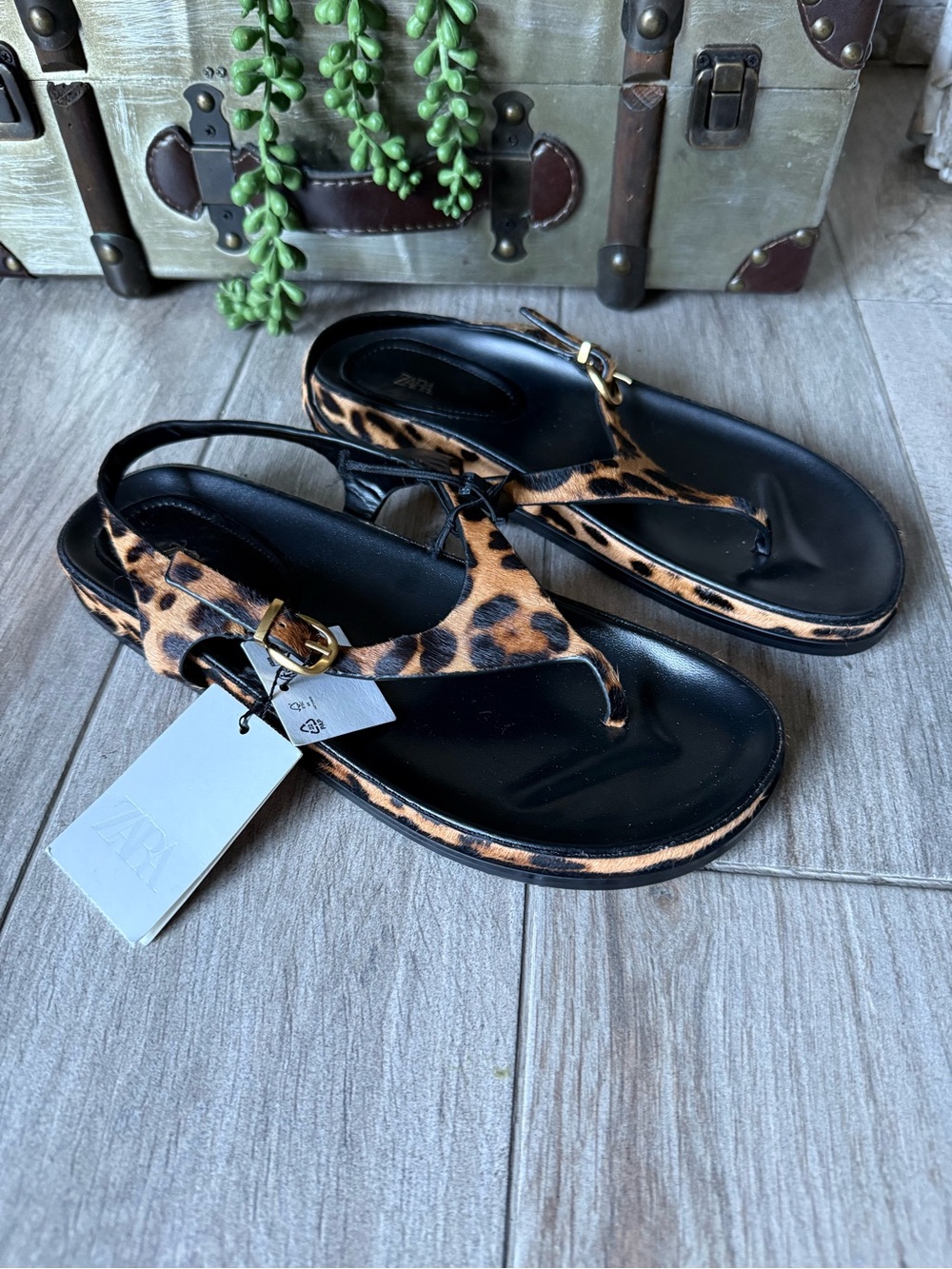 Zara Leopard Print Leather Sandals in Black and Brown new with tags - Picture 2 of 5